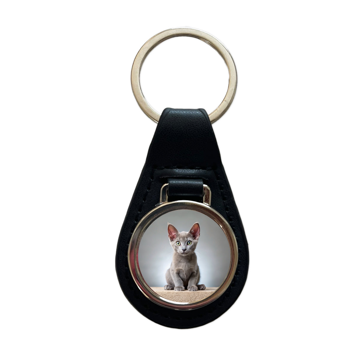 Korat Cat Kitten Photo Black Leather Metal Keychain