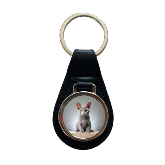 Korat Cat Kitten Photo Black Leather Metal Keychain