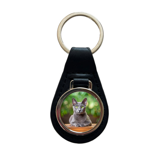 Korat Cat Photo Black Leather Metal Keychain