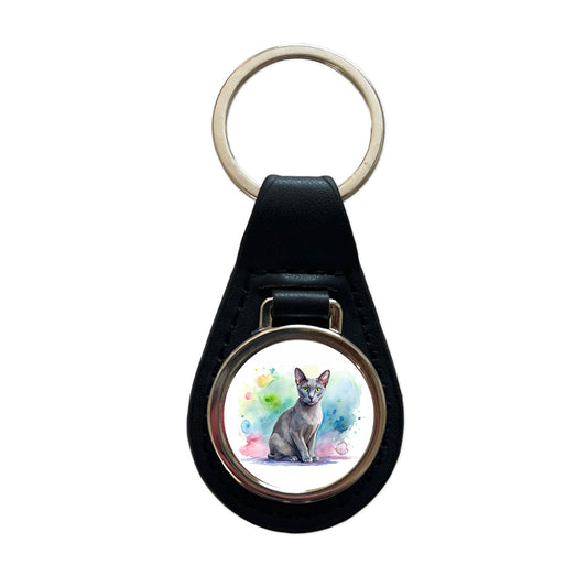 Korat Cat Watercolor Style Black Leather Metal Keychain