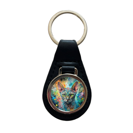 Lykoi Wolf Cat Abstract Art Black Leather Metal Keychain