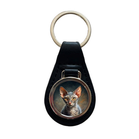 Lykoi Wolf Cat Illustration Black Leather Metal Keychain