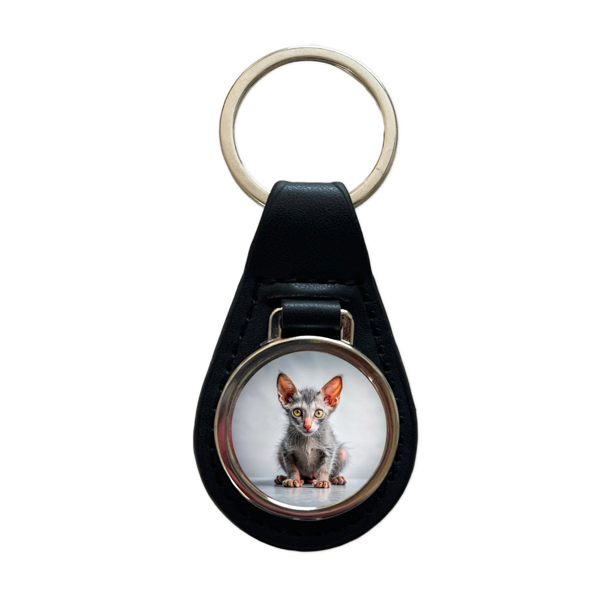Lykoi Wolf Cat Kitten Photo Black Leather Metal Keychain