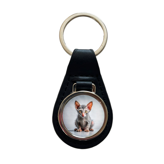 Lykoi Wolf Cat Kitten Photo Black Leather Metal Keychain