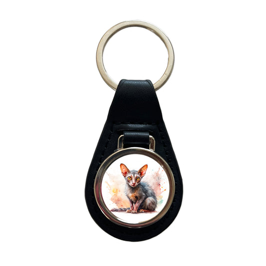 Lykoi Wolf Cat Watercolor Style Black Leather Metal Keychain
