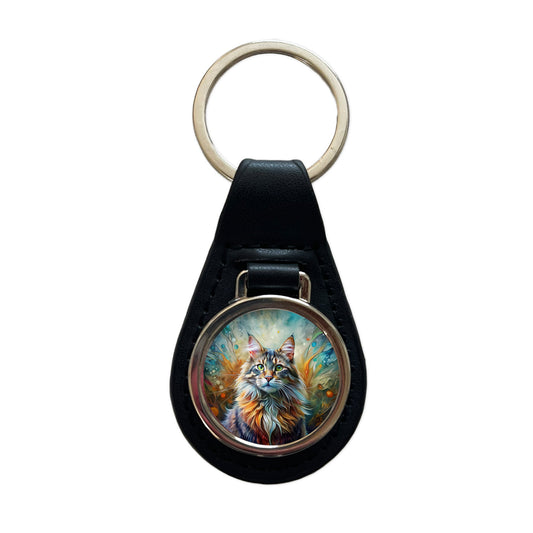 Maine Coon Cat Abstract Art Black Leather Metal Keychain