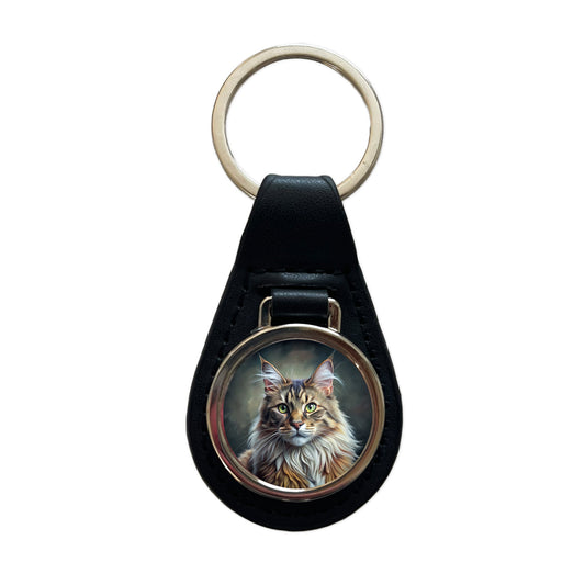 Maine Coon Cat Illustration Black Leather Metal Keychain