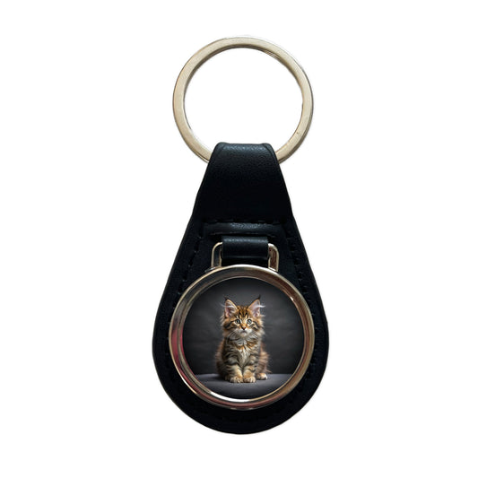 Maine Coon Cat Kitten Photo Black Leather Metal Keychain