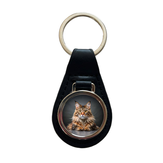Maine Coon Cat Photo Black Leather Metal Keychain