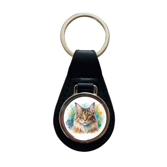 Maine Coon Cat Watercolor Style Black Leather Metal Keychain