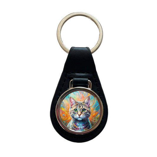 Munchkin Cat Abstract Art Black Leather Metal Keychain