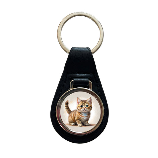 Munchkin Cat Illustration Black Leather Metal Keychain