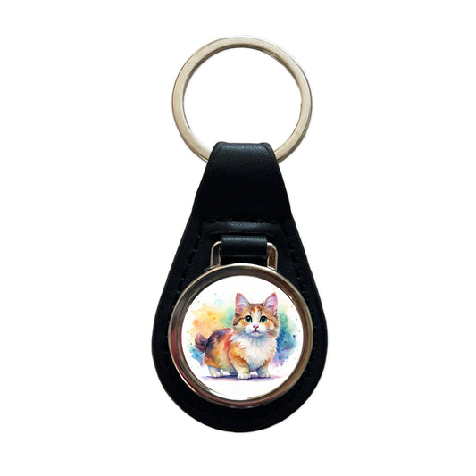 Munchkin Cat Watercolor Style Black Leather Metal Keychain