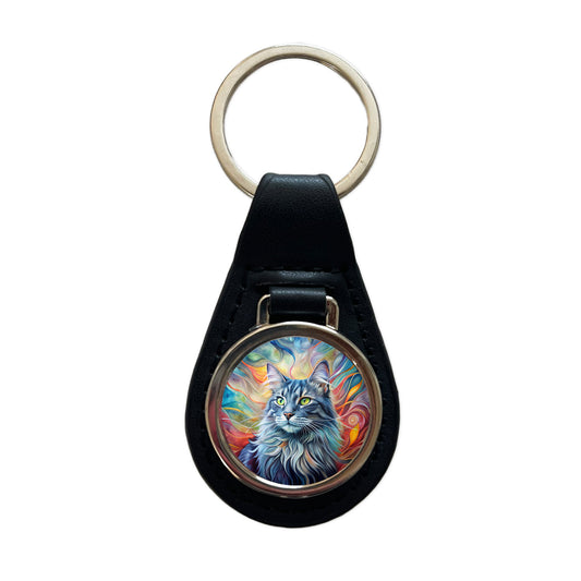 Nebelung Cat Abstract Art Black Leather Metal Keychain