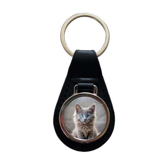 Nebelung Cat Kitten Photo Black Leather Metal Keychain