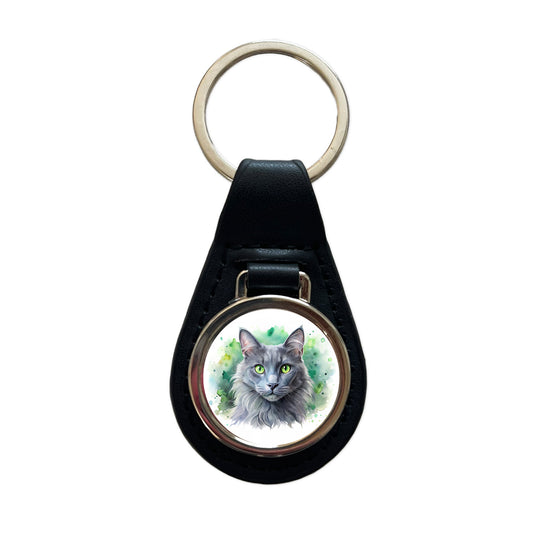 Nebelung Cat With Green Eyes Watercolor Style Black Leather Metal Keychain