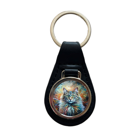 Norwegian Forest Cat Abstract Art Black Leather Metal Keychain