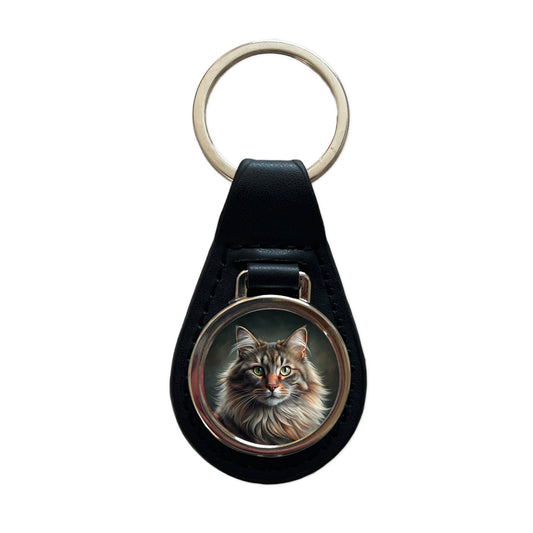 Norwegian Forest Cat Illustration Black Leather Metal Keychain