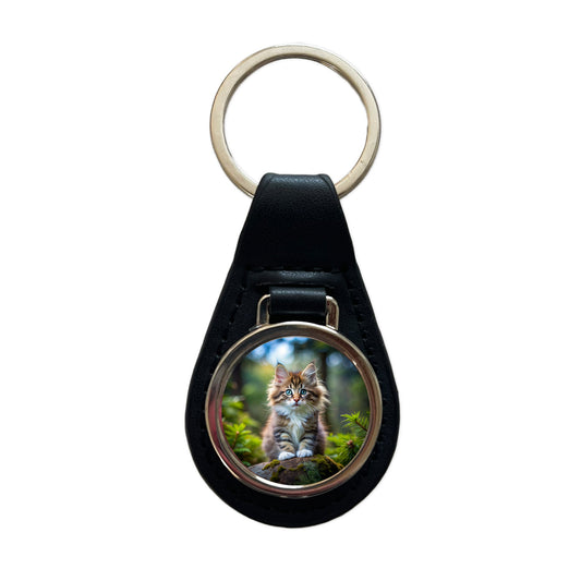 Norwegian Forest Cat Kitten Photo Black Leather Metal Keychain