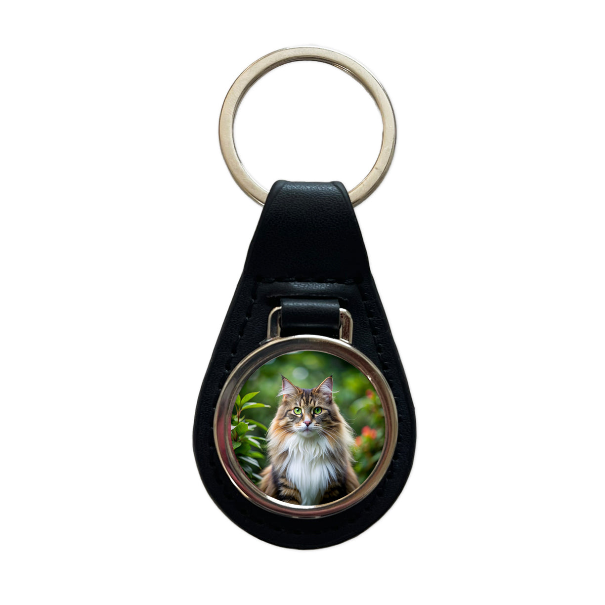 Norwegian Forest Cat Photo Black Leather Metal Keychain