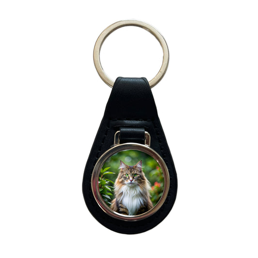 Norwegian Forest Cat Photo Black Leather Metal Keychain