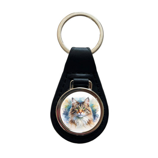 Norwegian Forest Cat Watercolor Style Black Leather Metal Keychain