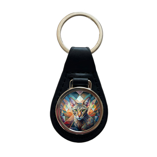 Ocicat Cat Abstract Art Black Leather Metal Keychain
