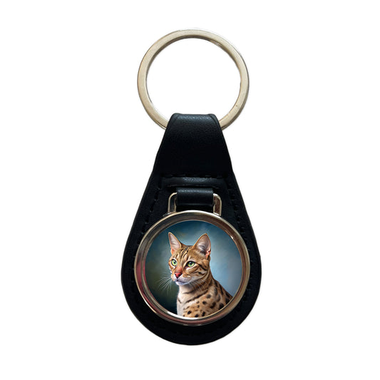 Ocicat Cat Illustration Black Leather Metal Keychain
