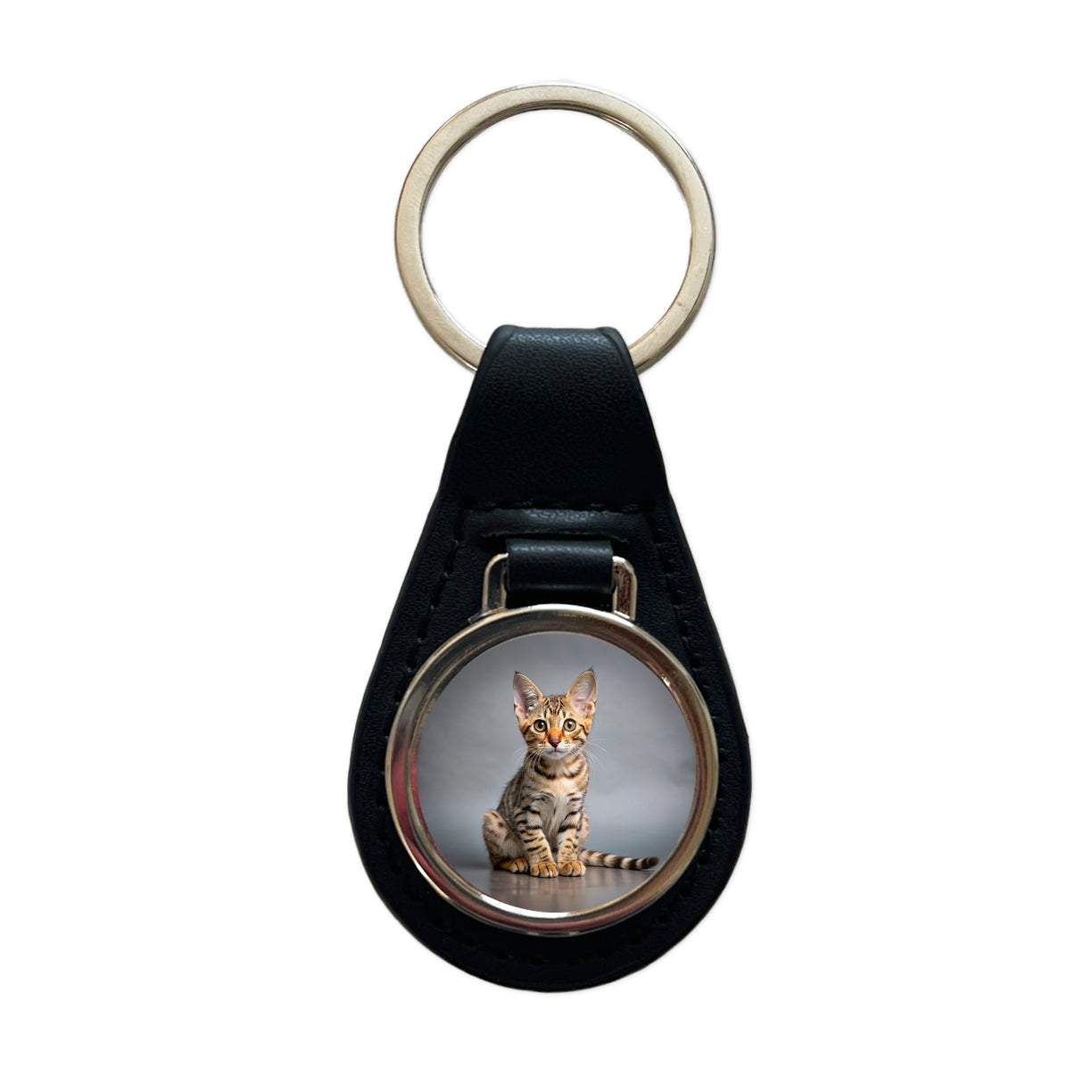 Ocicat Cat Kitten Photo Black Leather Metal Keychain