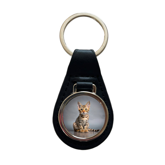 Ocicat Cat Kitten Photo Black Leather Metal Keychain