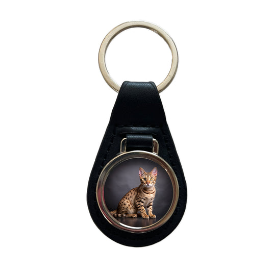 Ocicat Cat Photo Black Leather Metal Keychain