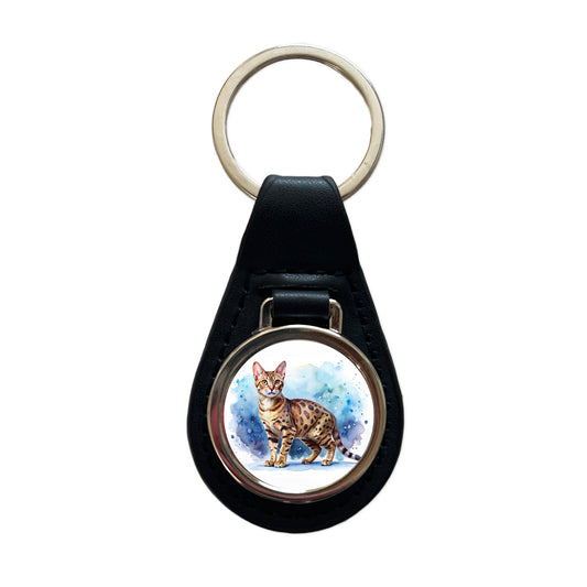 Ocicat Cat Watercolor Style Black Leather Metal Keychain