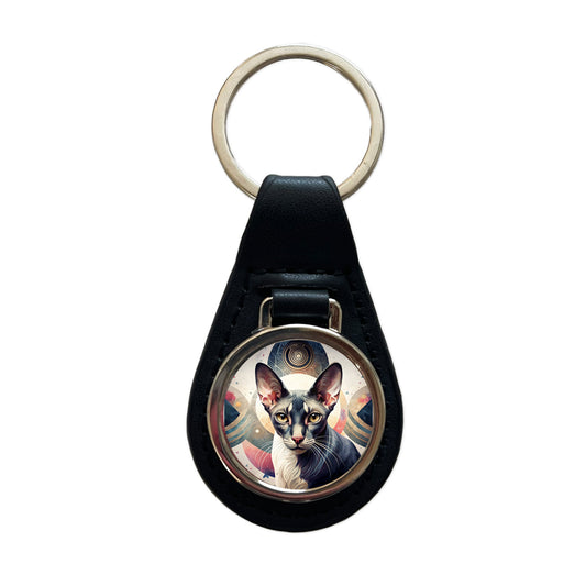 Oriental Shorthair Black White Cat Abstract Art Black Leather Metal Keychain