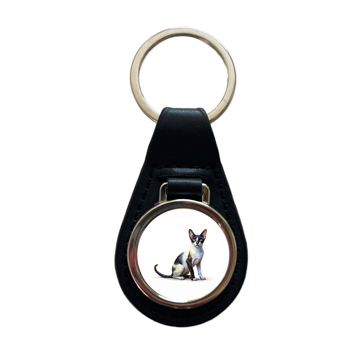Oriental Shorthair Black White Cat Illustration Black Leather Metal Keychain