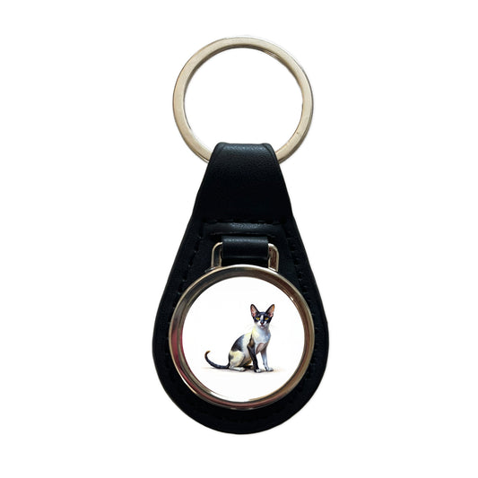 Oriental Shorthair Black White Cat Illustration Black Leather Metal Keychain