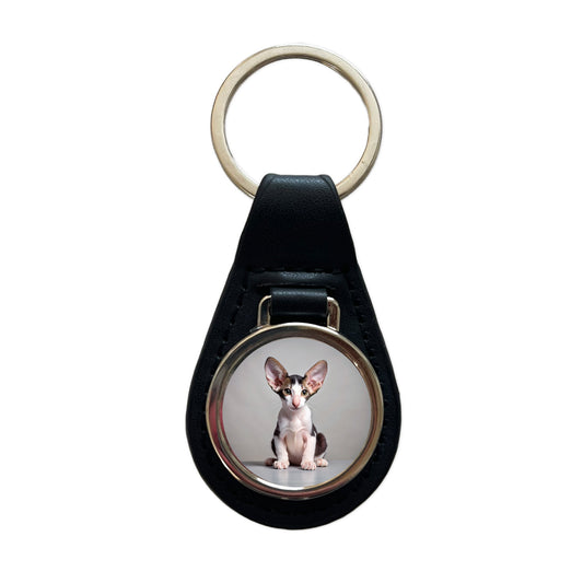 Oriental Shorthair Black White Cat Kitten Photo Black Leather Metal Keychain