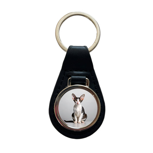Oriental Shorthair Black White Cat Photo Black Leather Metal Keychain