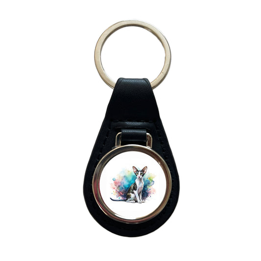 Oriental Shorthair Black White Cat Watercolor Black Leather Metal Keychain