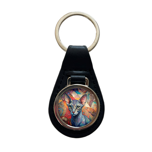 Oriental Shorthair Cat Abstract Art Black Leather Metal Keychain