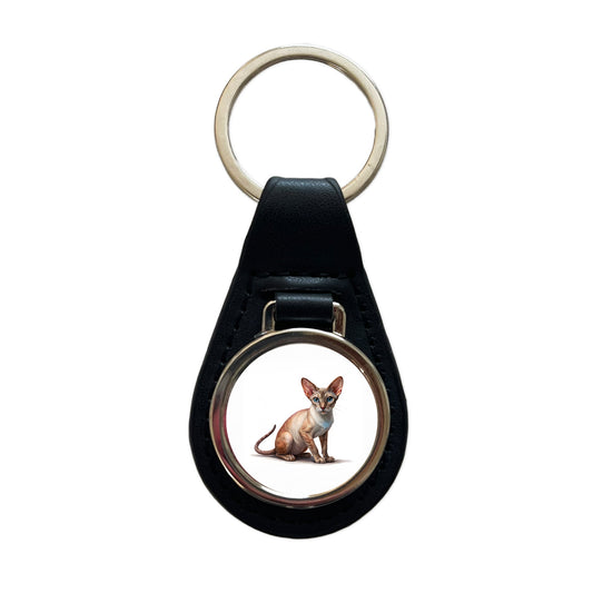 Oriental Shorthair Cat Illustration Black Leather Metal Keychain