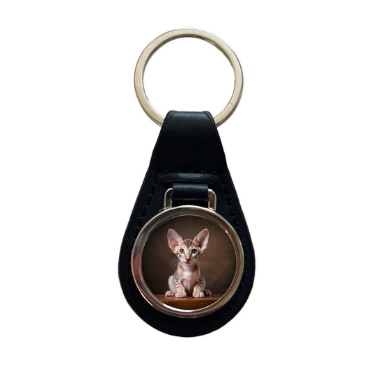Oriental Shorthair Cat Kitten Photo Black Leather Metal Keychain