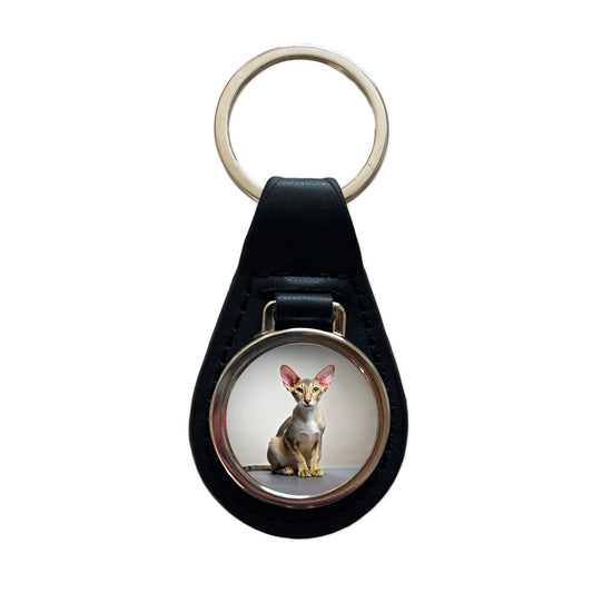 Oriental Shorthair Cat Photo Black Leather Metal Keychain