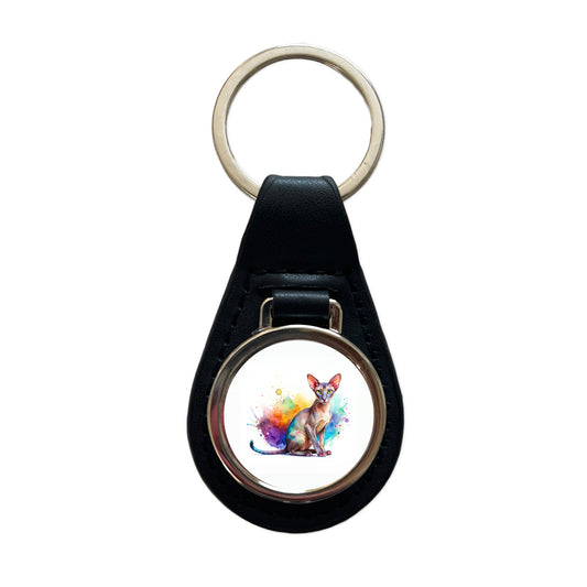 Oriental Shorthair Cat Watercolor Style Black Leather Metal Keychain