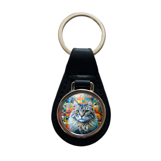 Ragamuffin Cat Abstract Art Black Leather Metal Keychain