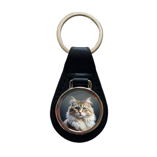 Ragamuffin Cat Illustration Black Leather Metal Keychain