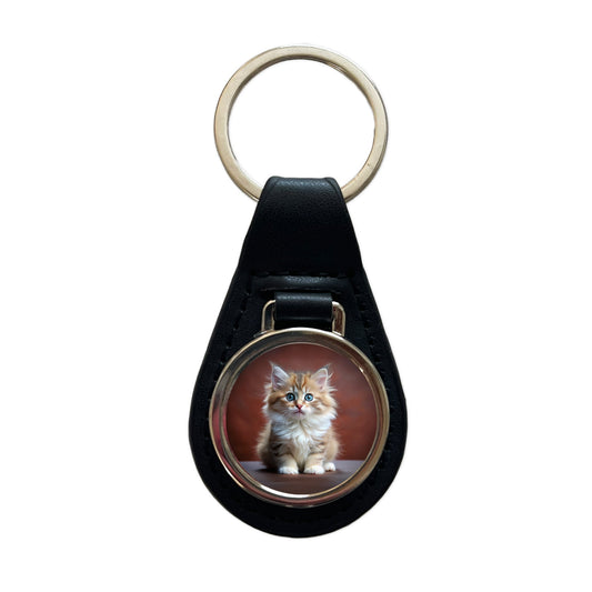 Ragamuffin Cat Kitten Photo Black Leather Metal Keychain