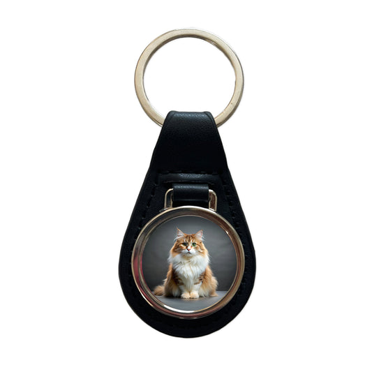 Ragamuffin Cat Photo Black Leather Metal Keychain