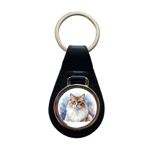 Ragamuffin Cat Watercolor Style Black Leather Metal Keychain