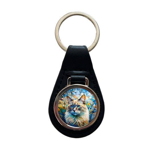 Ragdoll Cat Abstract Art Black Leather Metal Keychain
