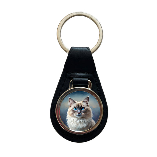 Ragdoll Cat Illustration Black Leather Metal Keychain